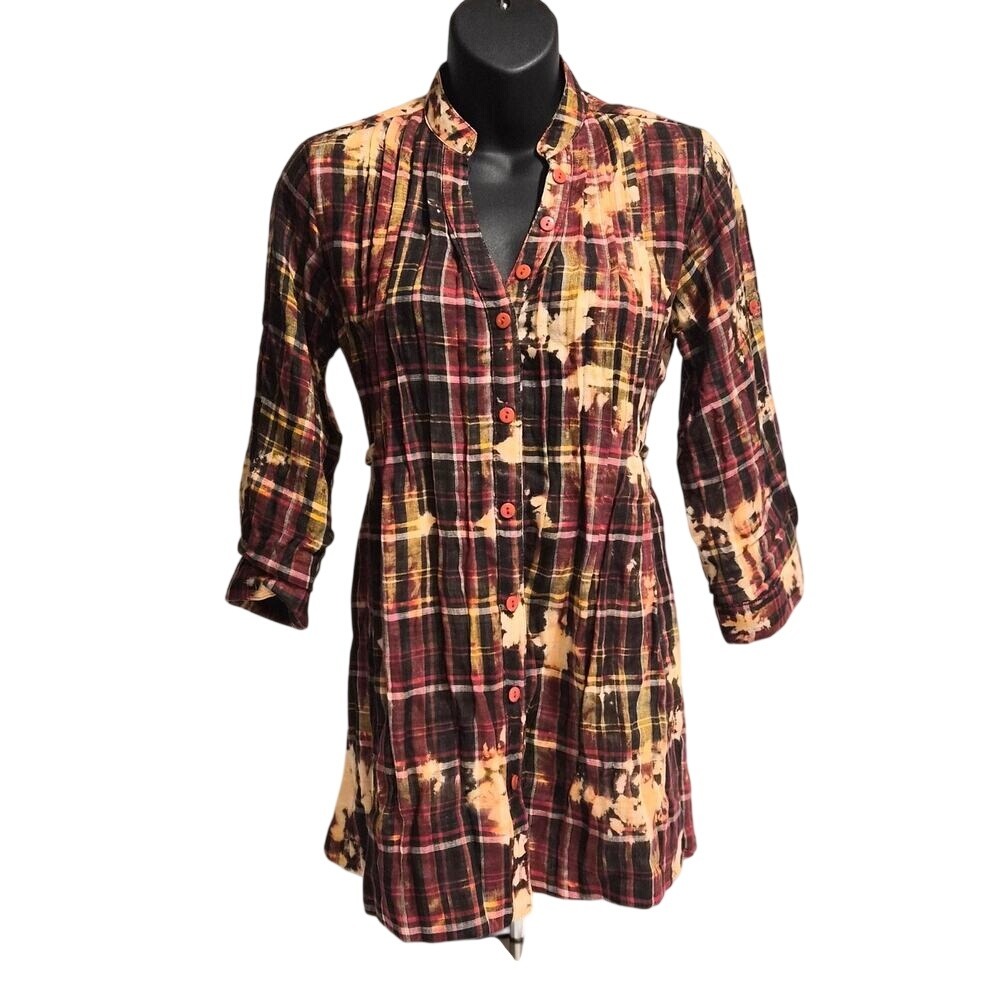 She's Cool Bleached Plaid Tunic Shirt Dress Red Black Small Tie Back Boho Grunge